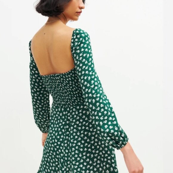 Reformation Green White Floral Bustier Long Sleeve Faux Wrap Mini Dress Size 4P - Picture 3 of 11